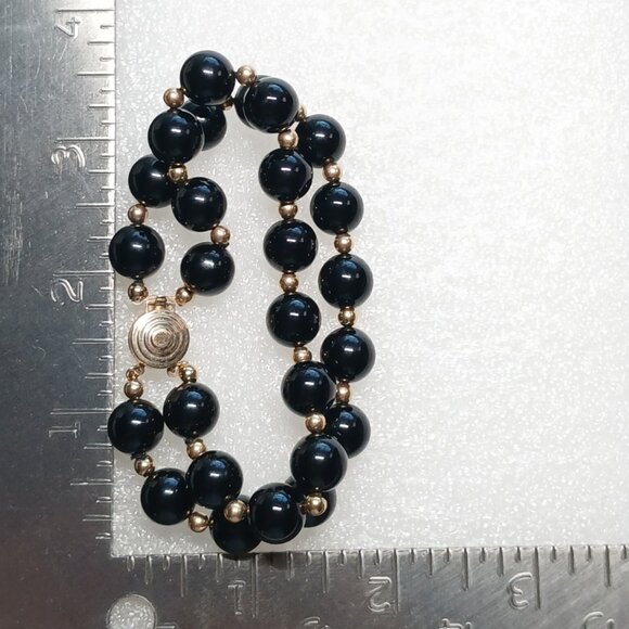 14K Yellow Gold Black Onyx Bead Double Strand Bracelet 8" 41.9g Estate VGUC - Picture 4 of 15